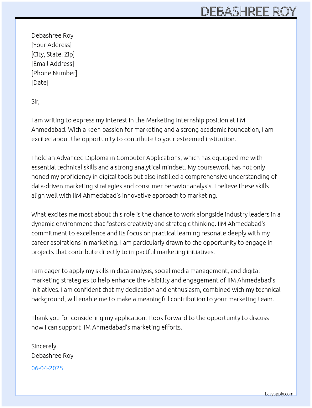 Marketing  At IIM AHMEDABAD  Cover Letter