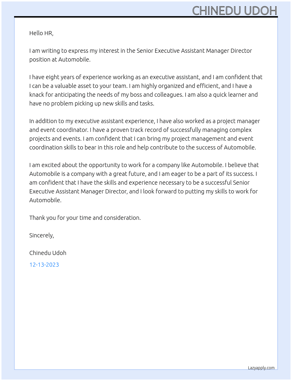 Senior Executive Assistant Manager Director At Automobile  Cover Letter