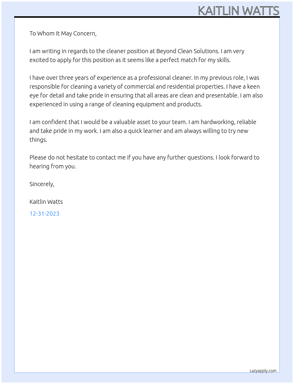 cleaner At Beyond Clean Solutions Cover Letter