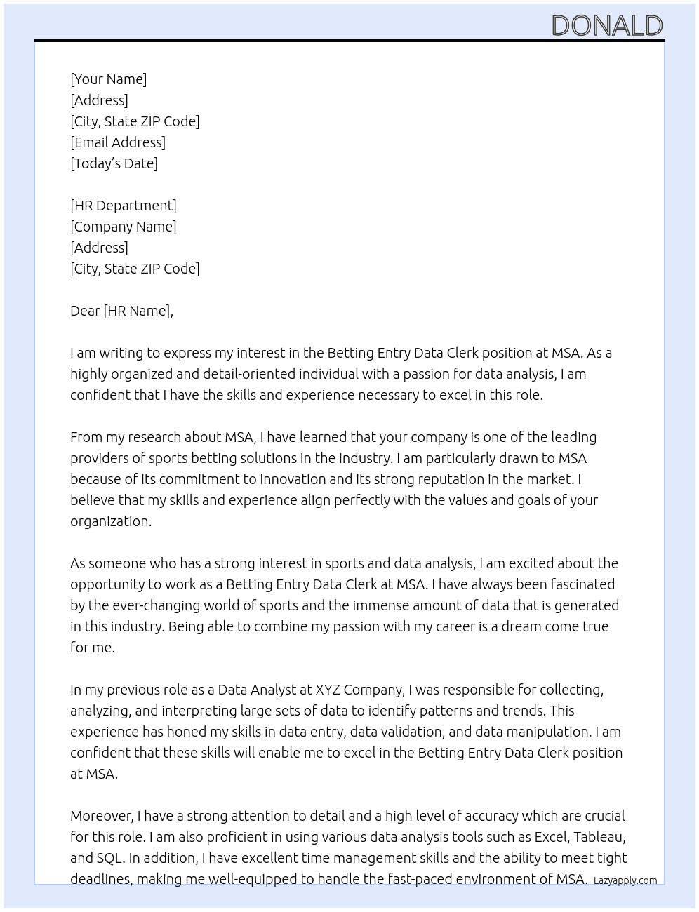 betting entry data clerk At MSA Cover Letter