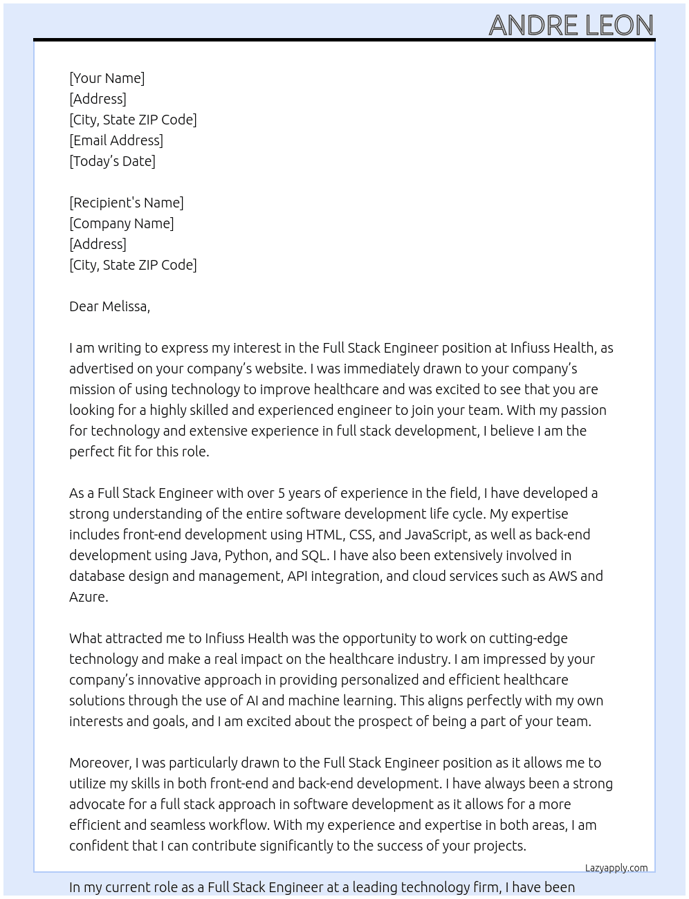 Full stack Engineer at Infiuss Health At Infiuss Health Cover Letter