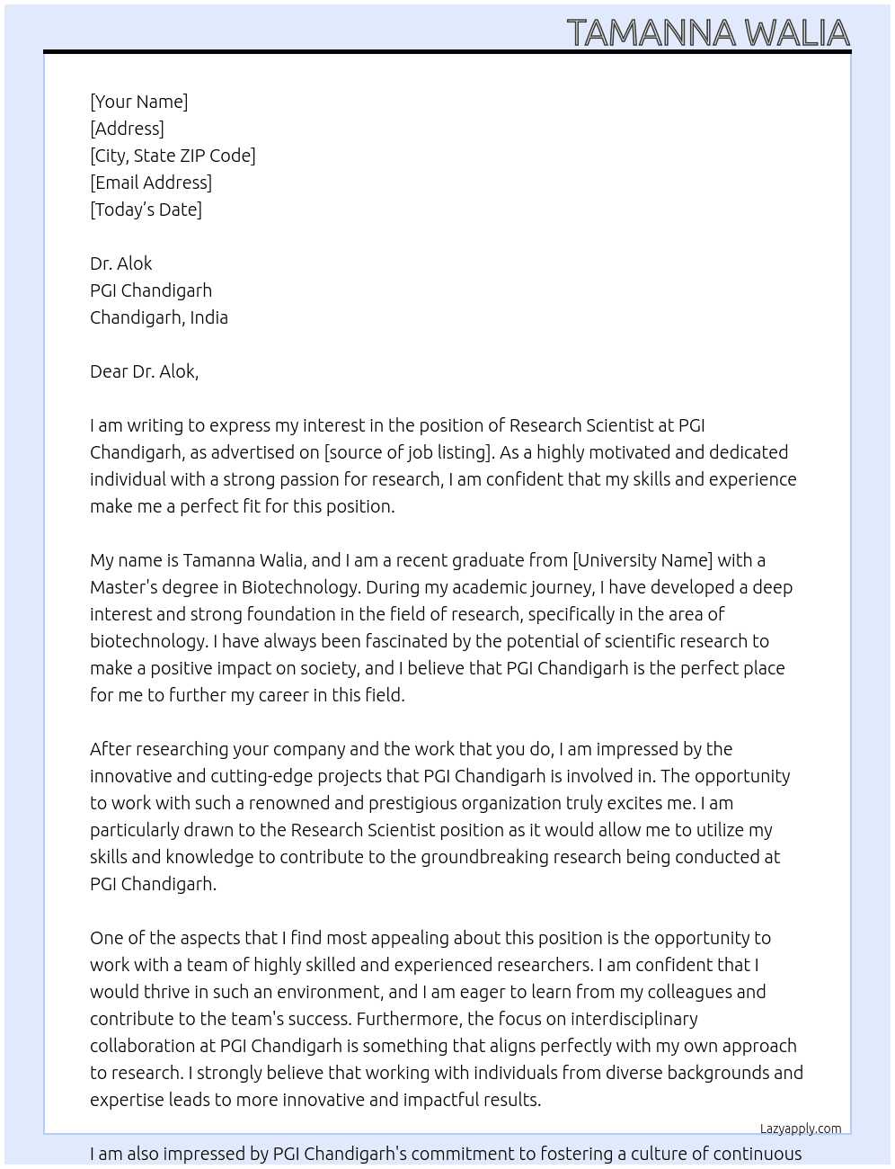 RESEARCH SCIENTIST At PGI CHANDIGARH Cover Letter