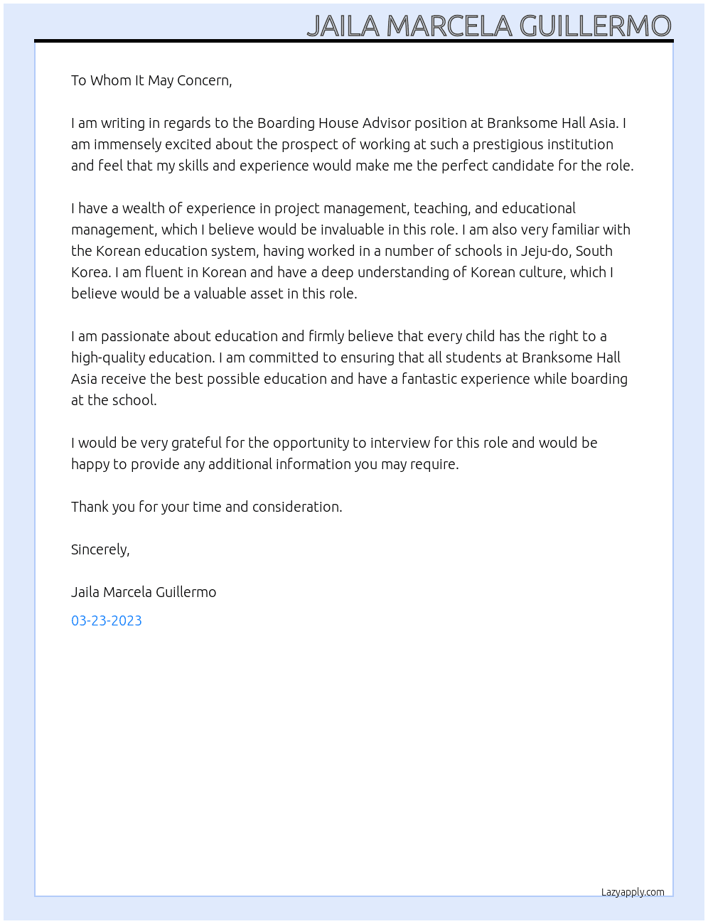 Boarding House Advisor At Branksome Hall Asia Cover Letter