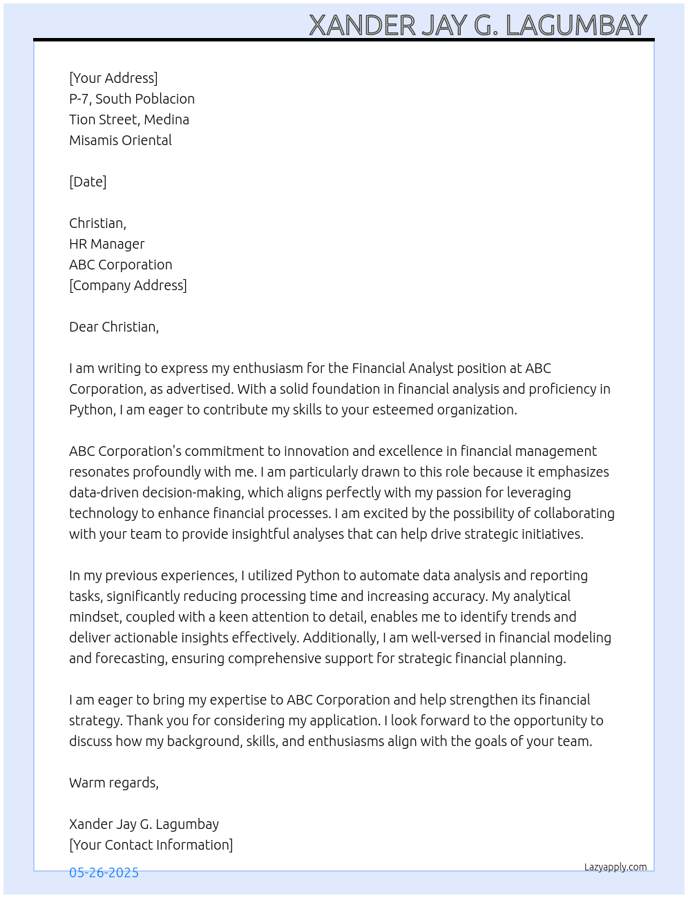 Financial Analyst  At ABC Corporation  Cover Letter