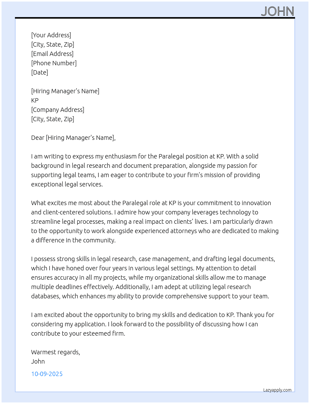 paralegal  At kp Cover Letter