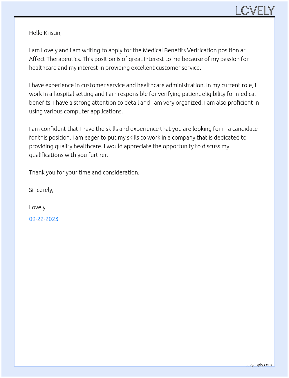 Medical Benefits Verification At Affect Therapeutics Cover Letter