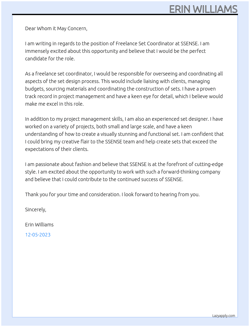 Freelance Set Coordinator At SSENSE Cover Letter
