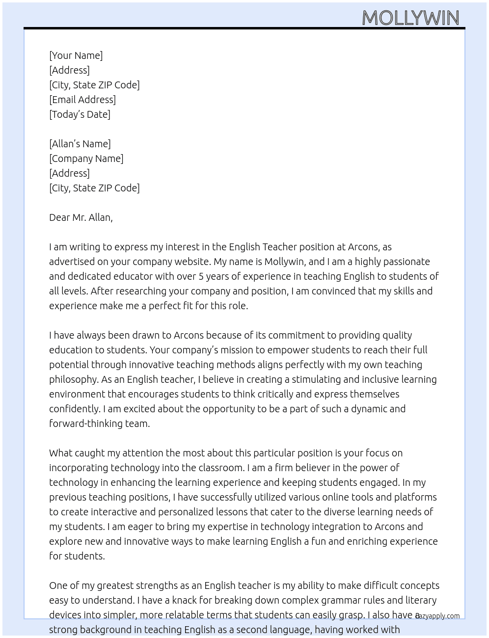 English Teacher  At Arcons  Cover Letter