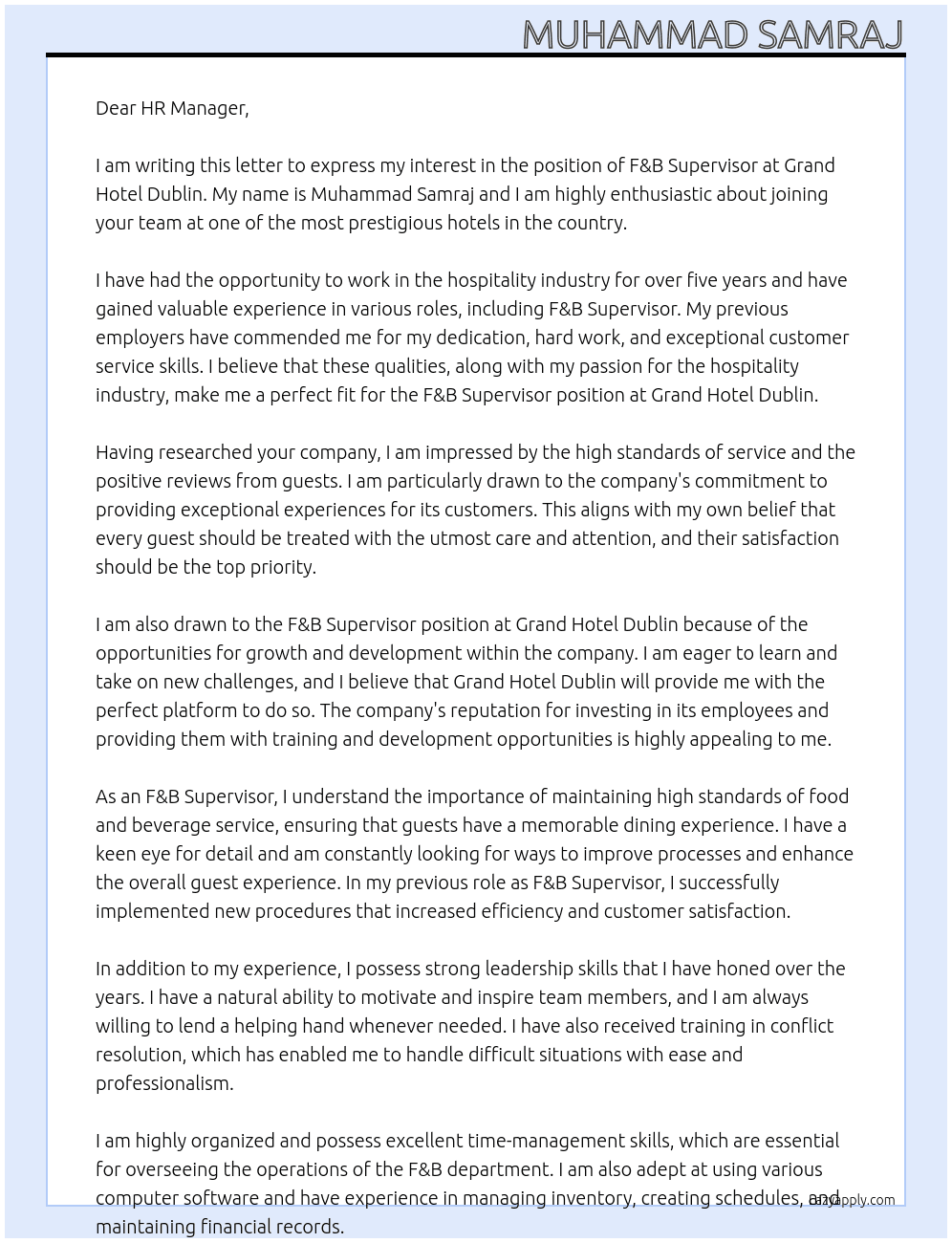 F&B Supervisors At Grand Hotel Dublin Cover Letter