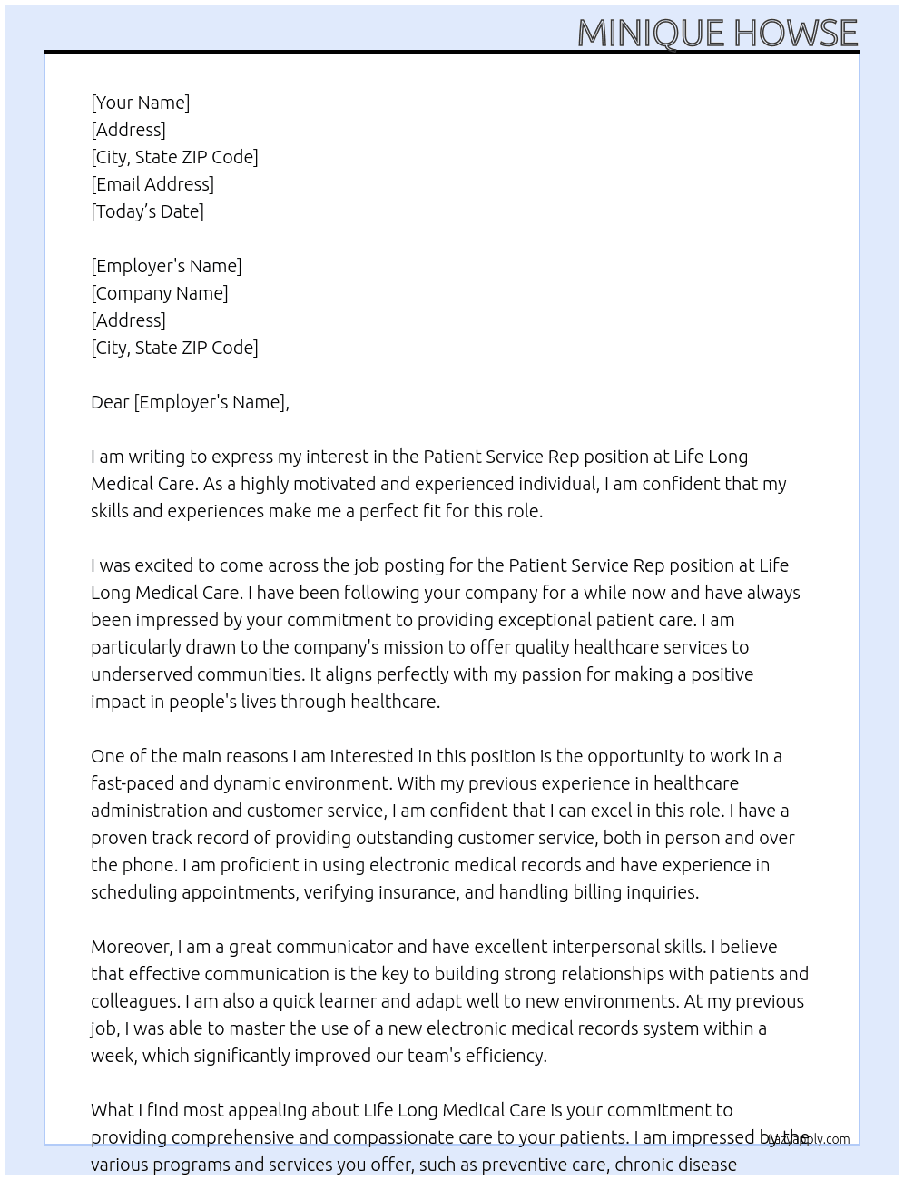 patient service rep At Life long medical care Cover Letter