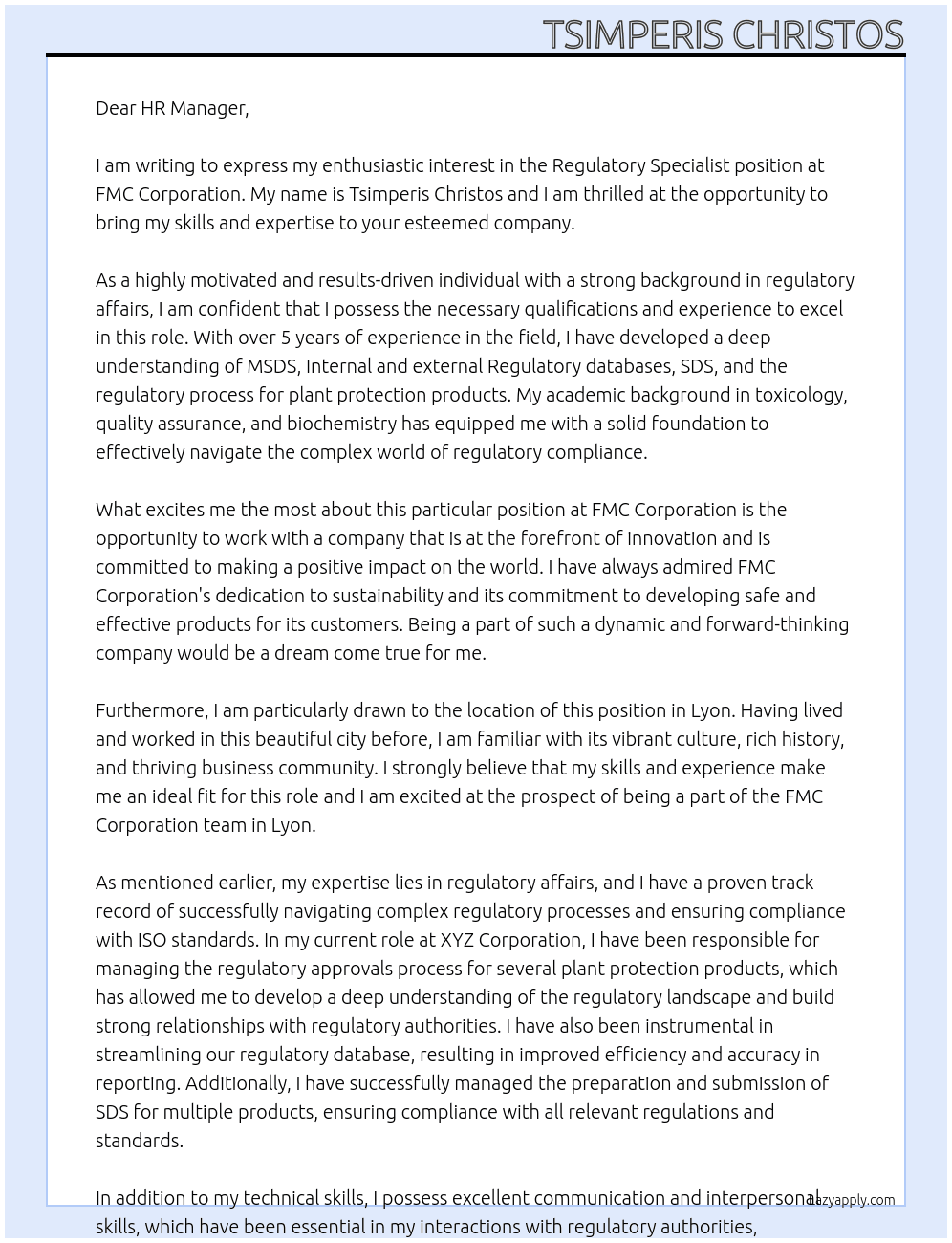 Regulatory Specialist At FMC Corporation Cover Letter