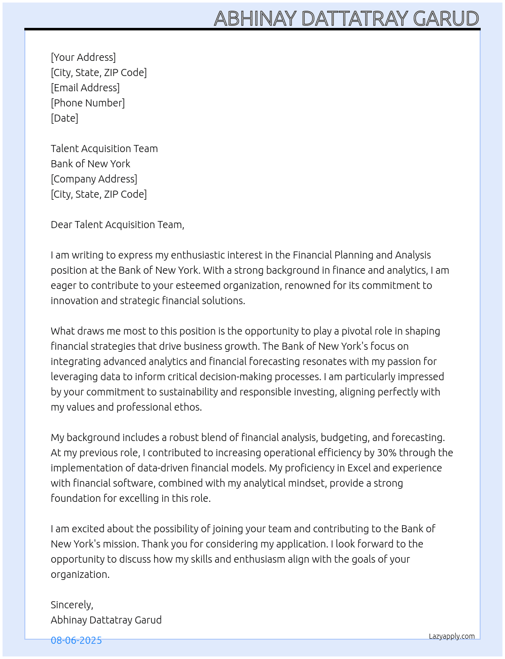 Financial Planning and Analysis At Bank of New York Cover Letter