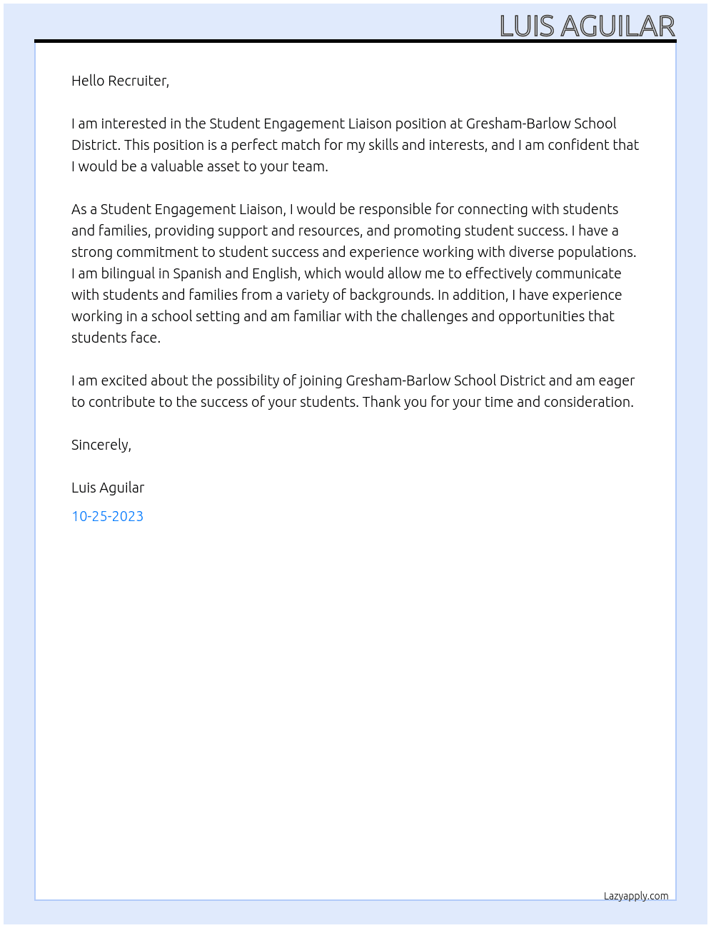Student Engagement Liasion At Gresham-Barlow School District Cover Letter