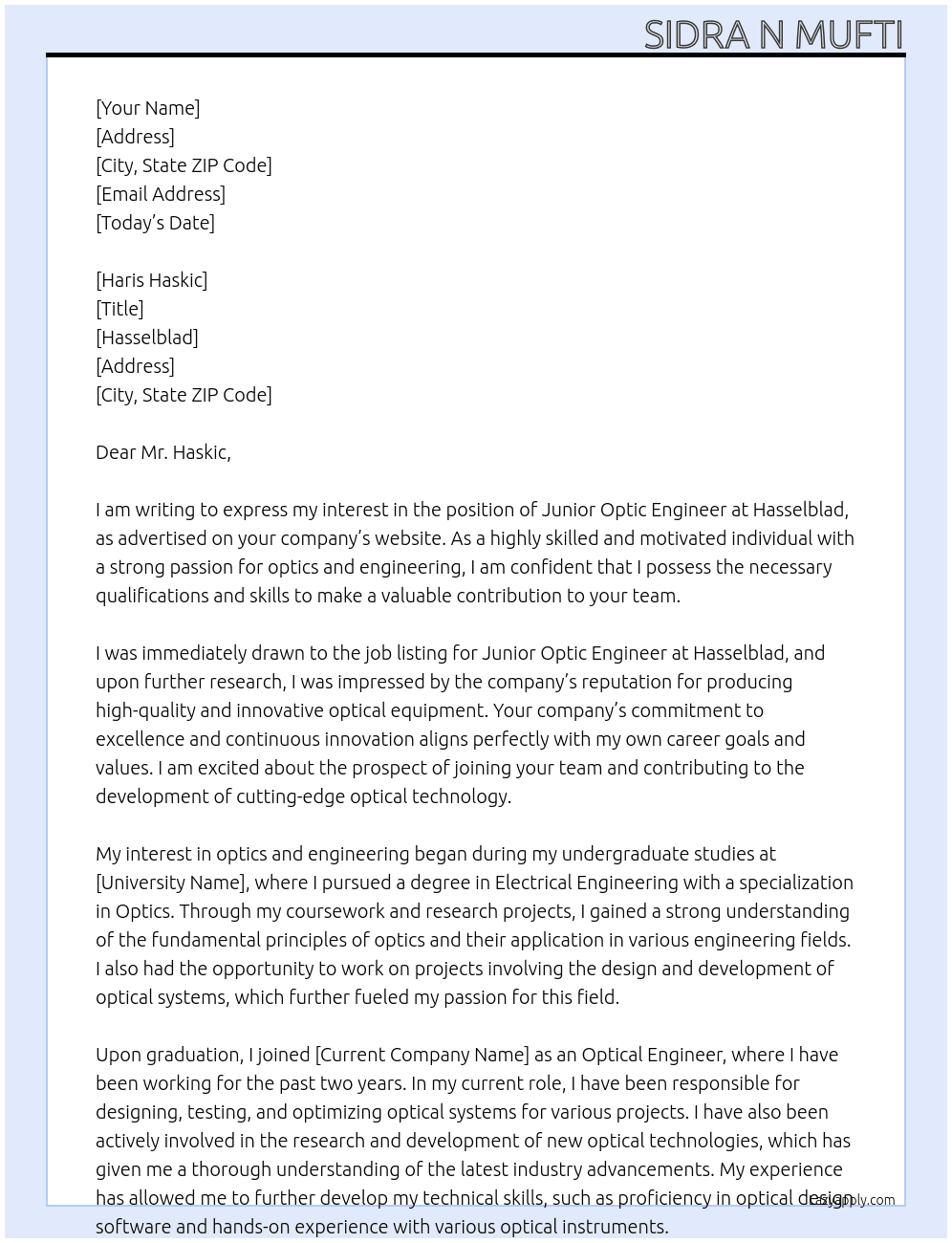 Junior Optic Engineer At Hasselblad Cover Letter