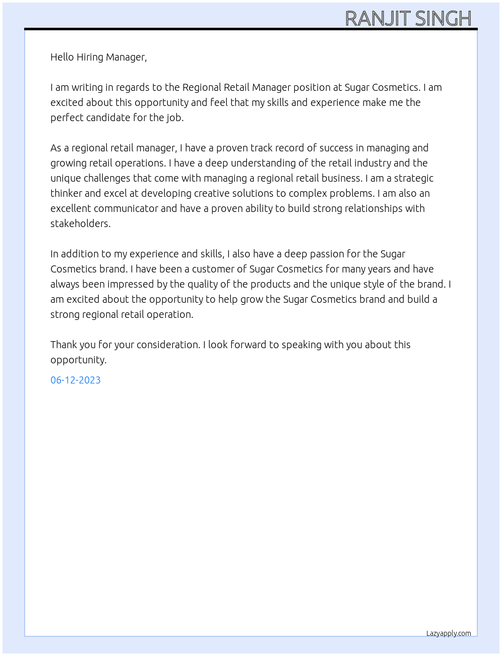 Regional Retail Manager  At Sugar Cosmetics  Cover Letter