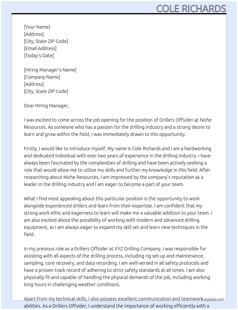 Drillers Offsider  At Niche Resources  Cover Letter