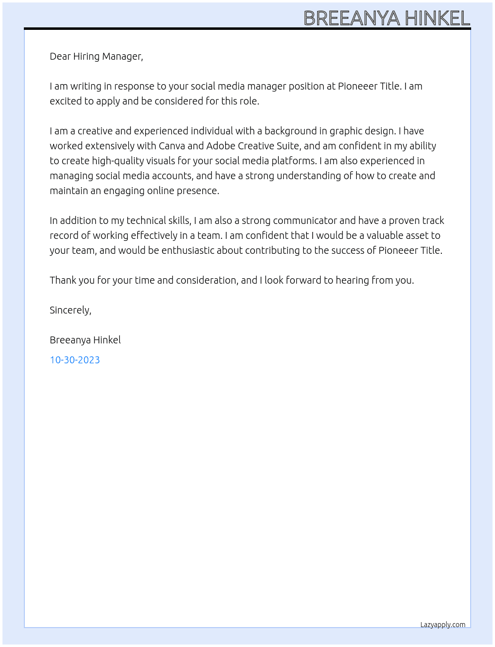 social media manager At Pioneeer Title Cover Letter