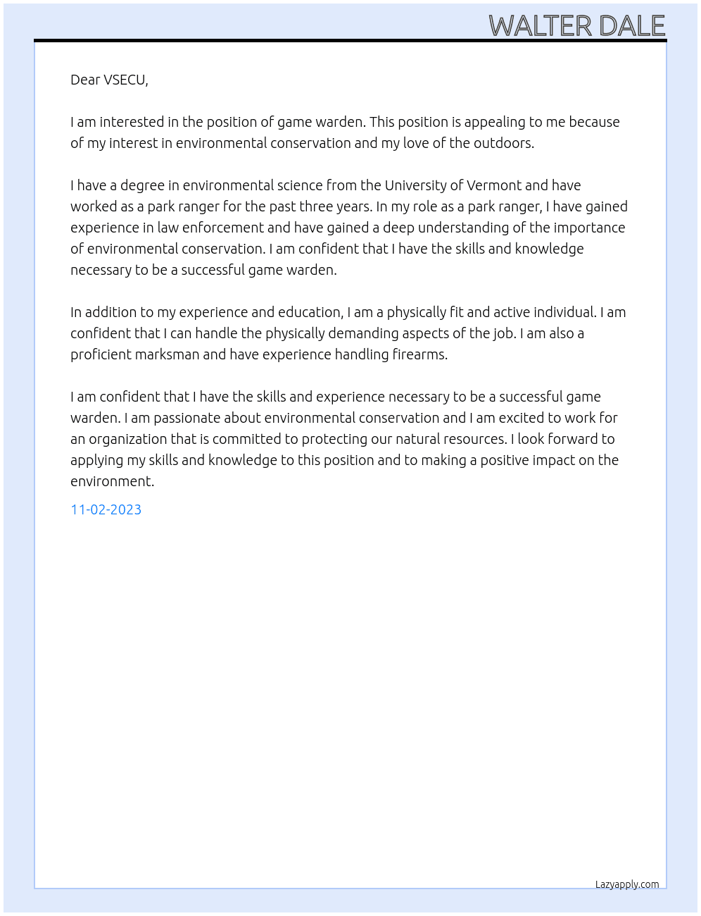 game warden At VSECU Cover Letter