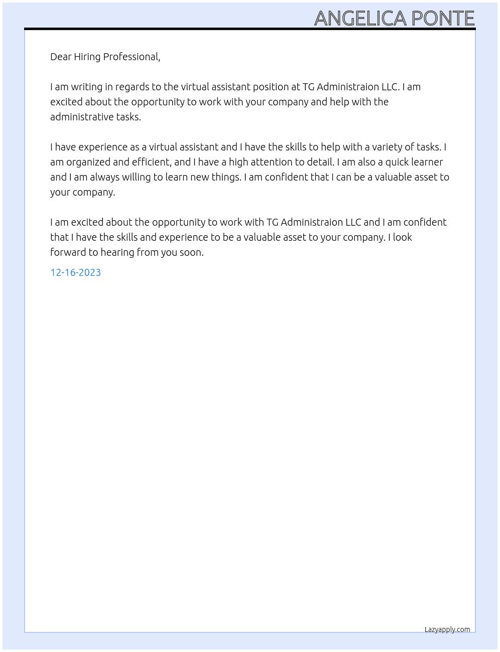 Virtual Assistant At TG Administraion LLC Cover Letter