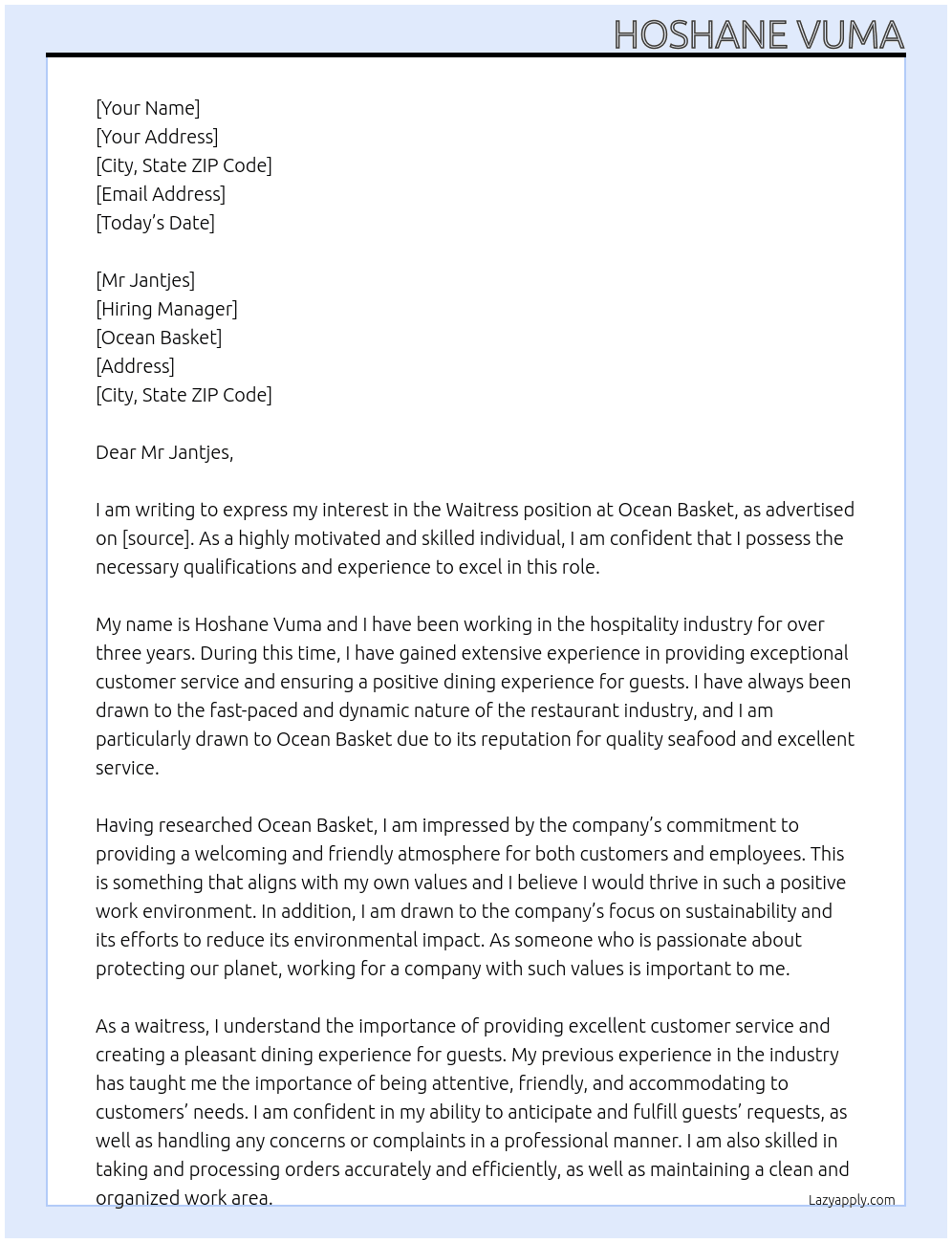 Waitress  At Ocean Basket  Cover Letter