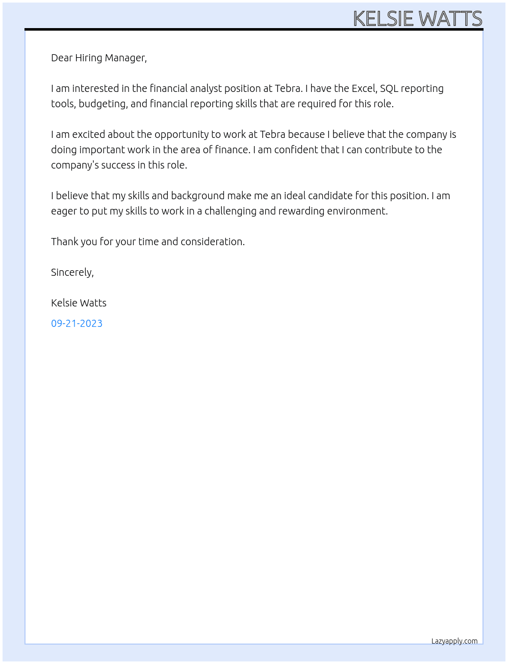 Financial Analyst At Tebra Cover Letter
