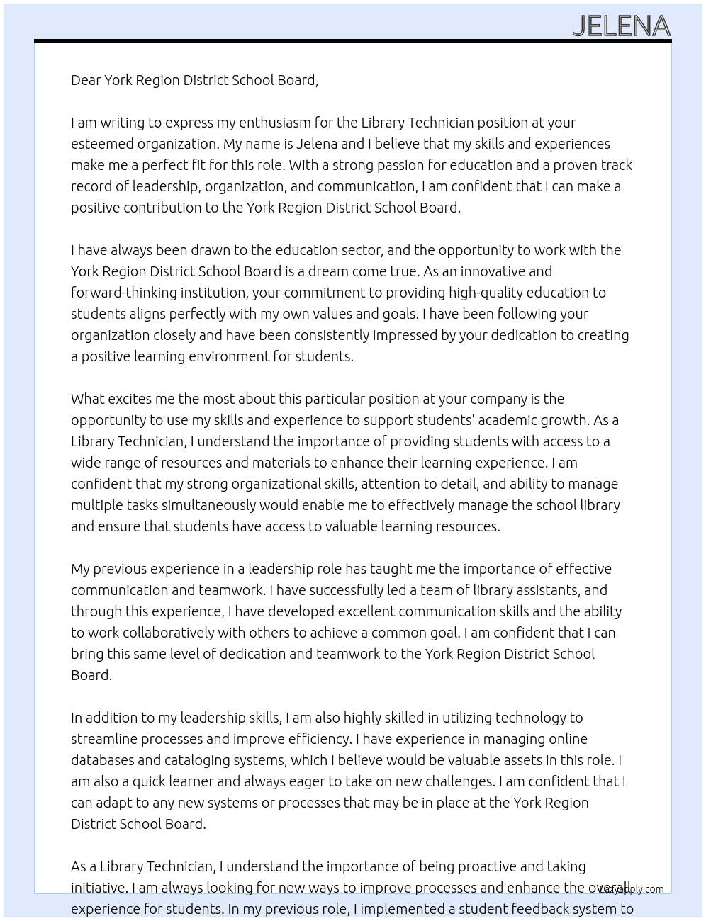 Library technician  At York Region District School Board  Cover Letter