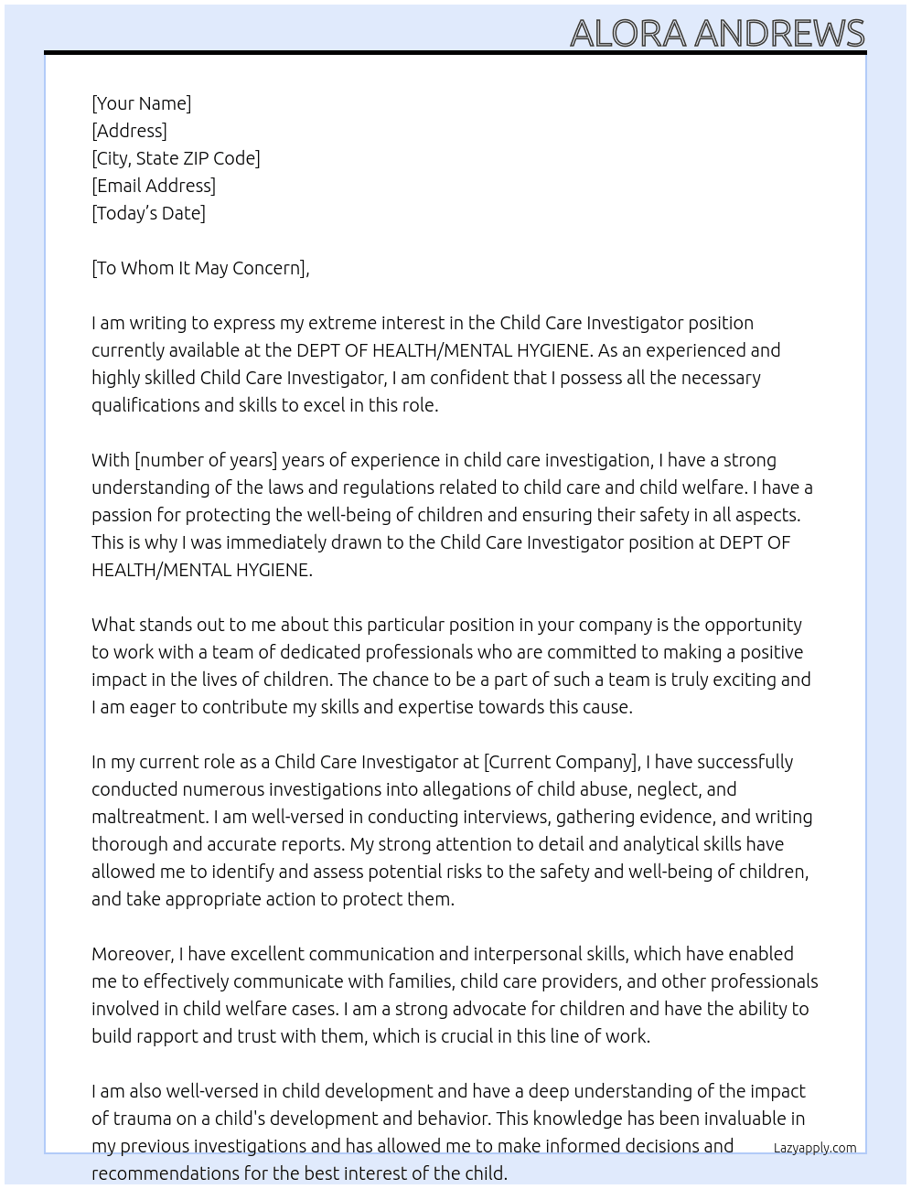 Child Care Investigator At DEPT OF HEALTH/MENTAL HYGIENE Cover Letter