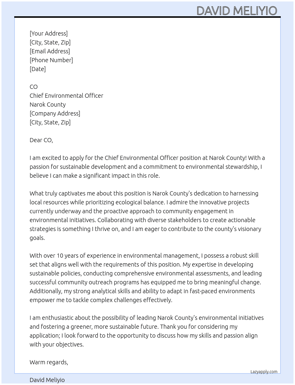 Chief environmental officer  At Narok county  Cover Letter