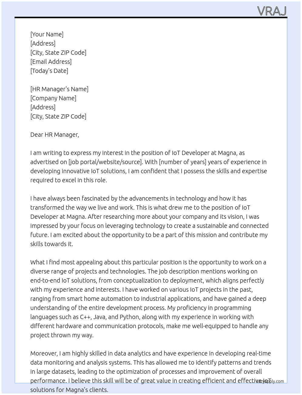 IoT Developer At Magna Cover Letter