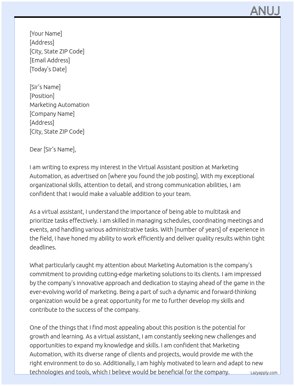 Virtual Assistant At Marketing Automation Cover Letter