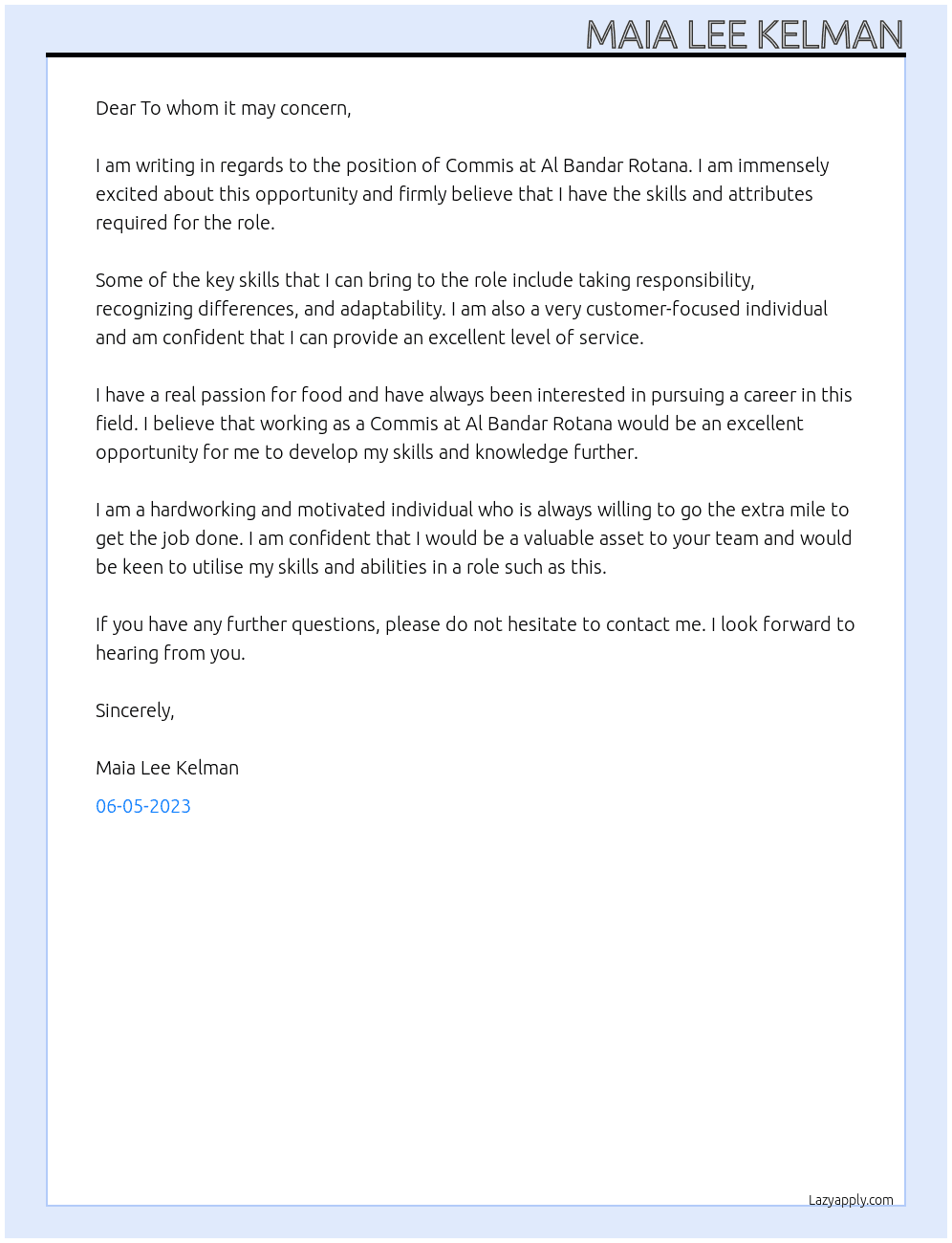Commis ! At Al Bandar Rotana Cover Letter