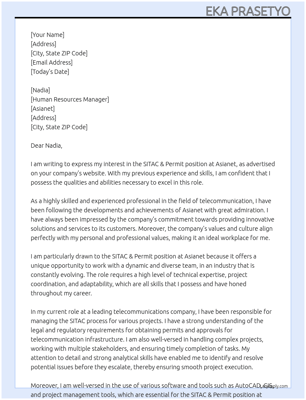 SITAC & Permit At Asianet Cover Letter