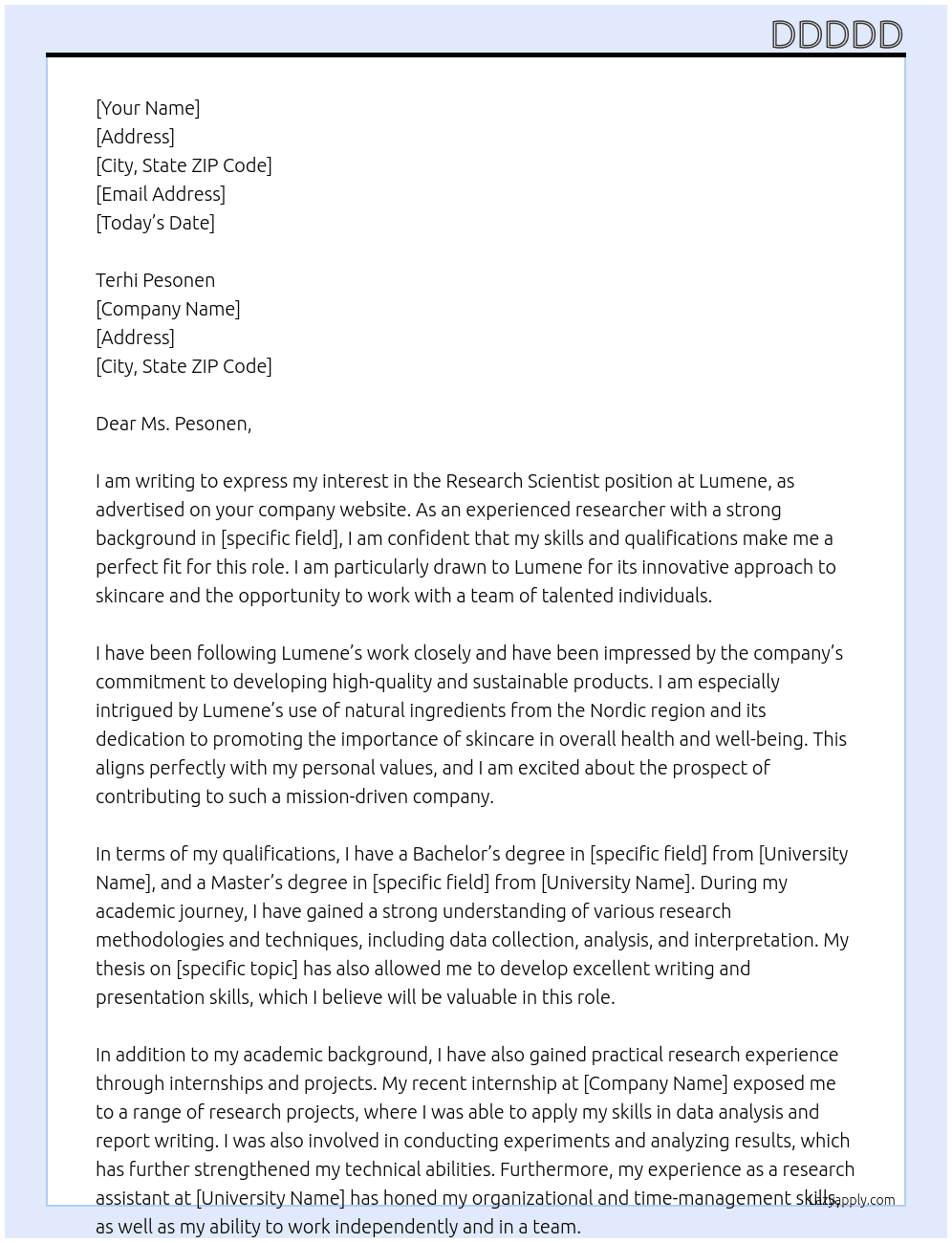 Research Scientist At Lumene Cover Letter