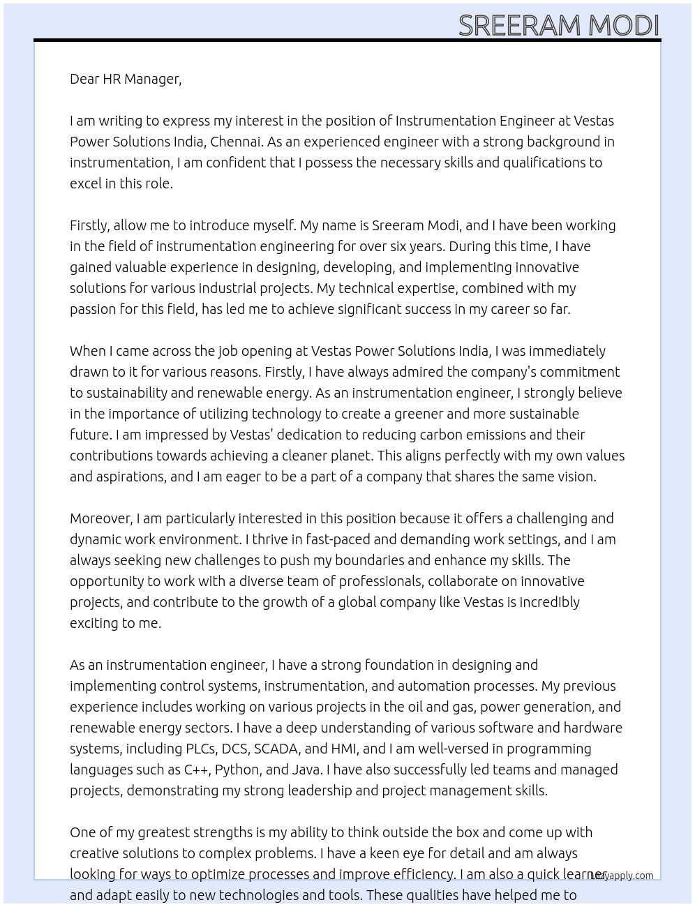 Instrumentation Engineer At Vestas Power Solutions India, Chennai Cover Letter