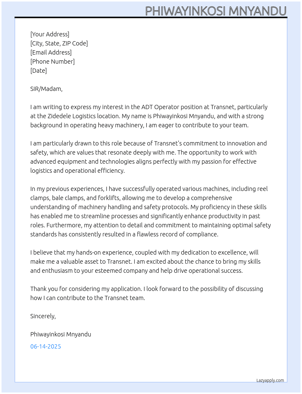 ADT OPERATOR At Transnet Cover Letter