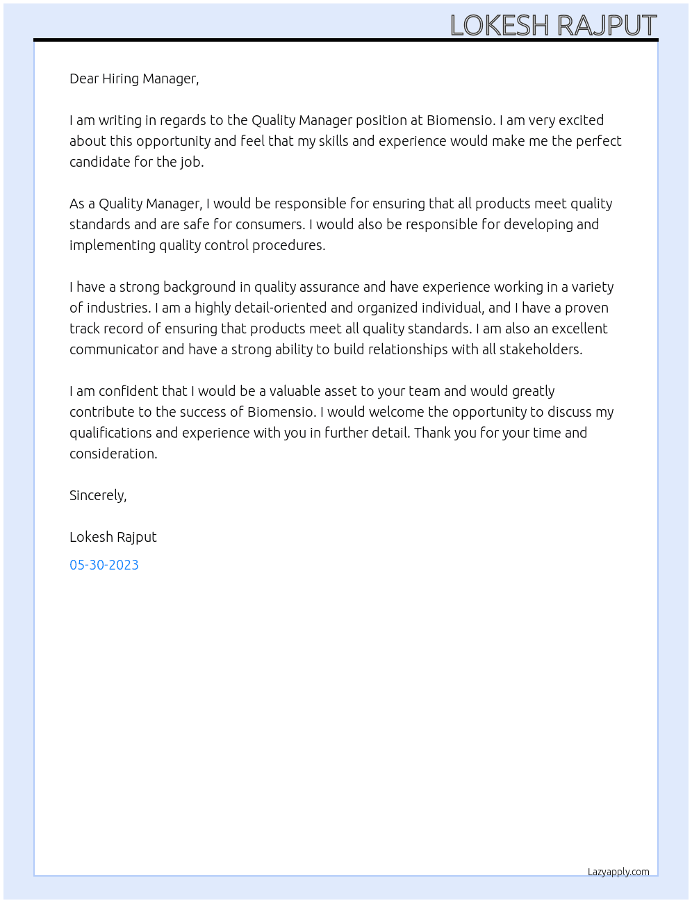 Quality Manager At Biomensio  Cover Letter