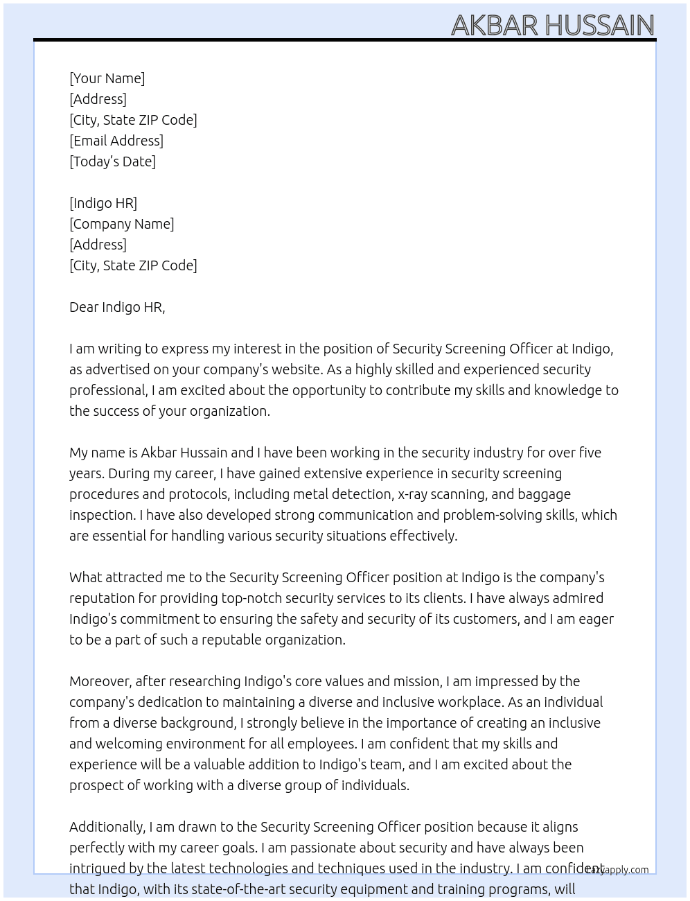 SECURITY SCREENING OFFICER At INDIGO Cover Letter