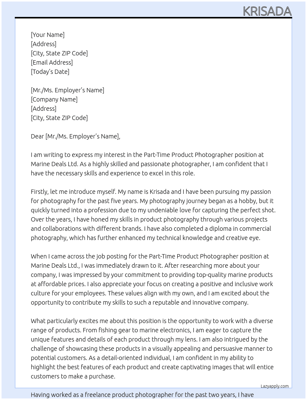 Part-Time Product Photographer At Marine Deals Ltd. Cover Letter
