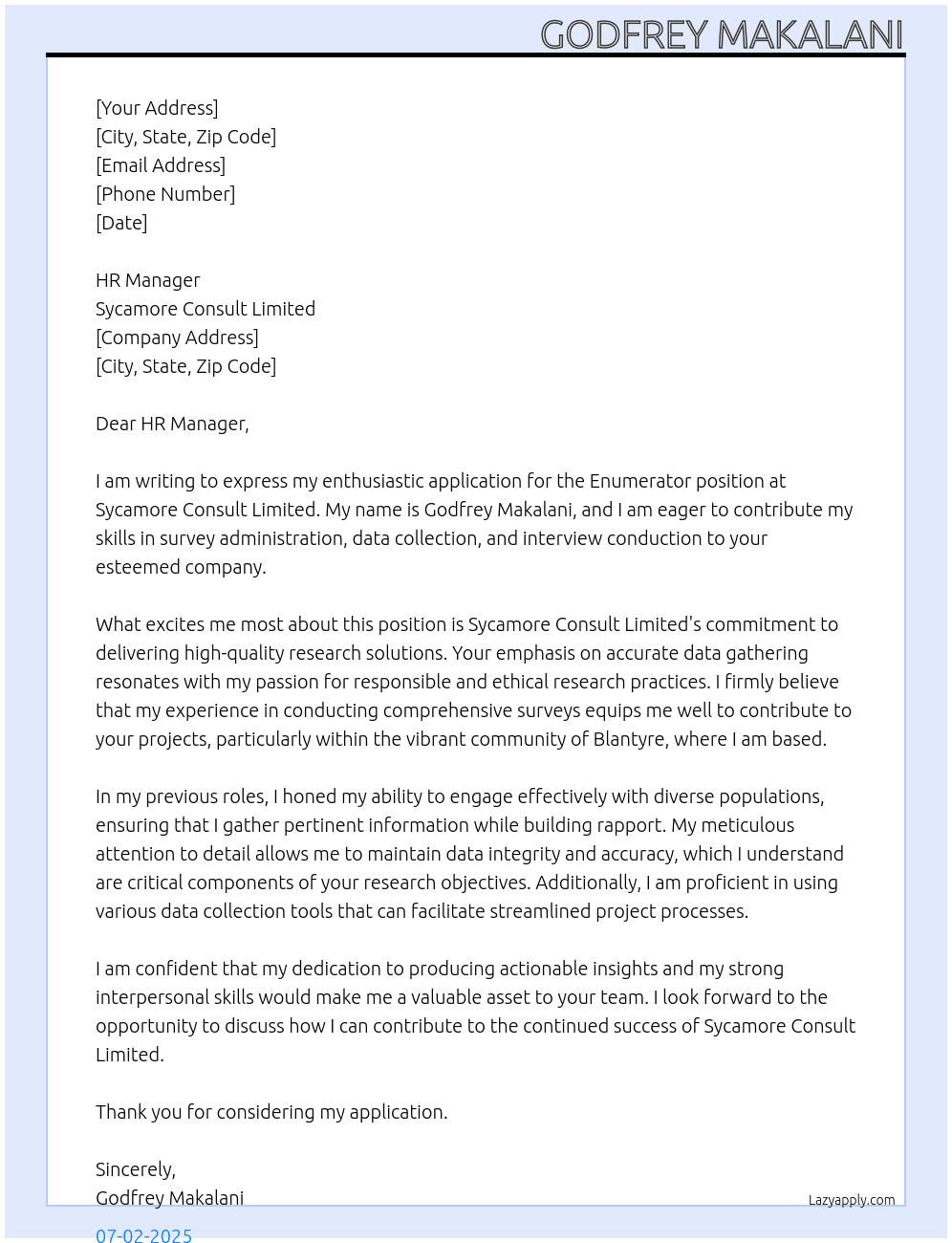 enumerator  At Sycamore Consult Limited  Cover Letter