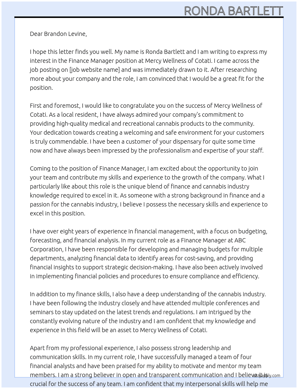 Finance Manager At Mercy Wellness of Cotati Cover Letter