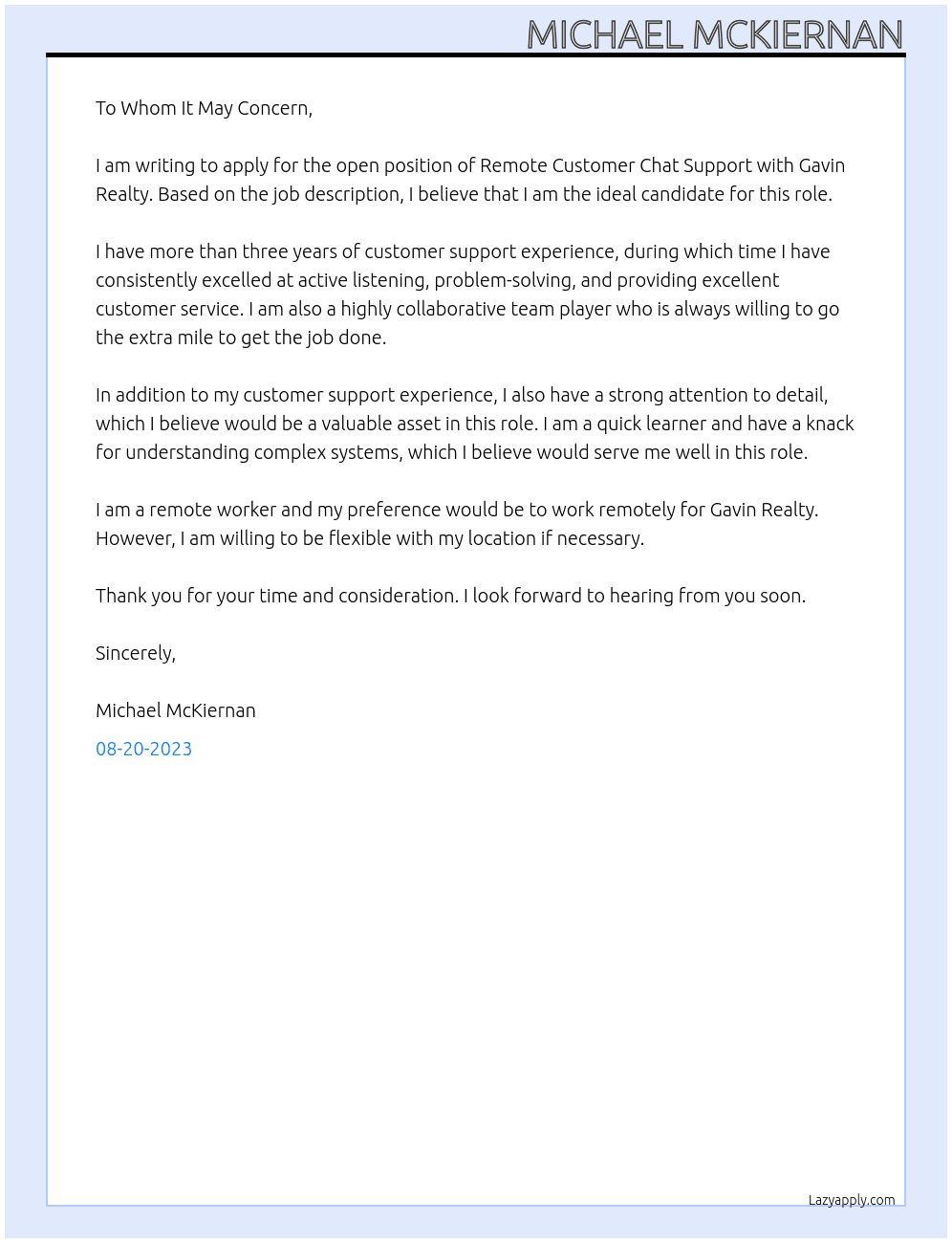 Remote Customer Chat Support At Gavin Realty Cover Letter