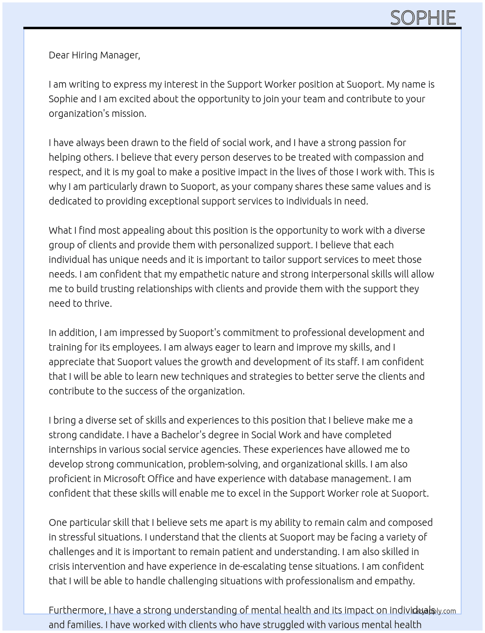 Support Worker  At Suoport Cover Letter