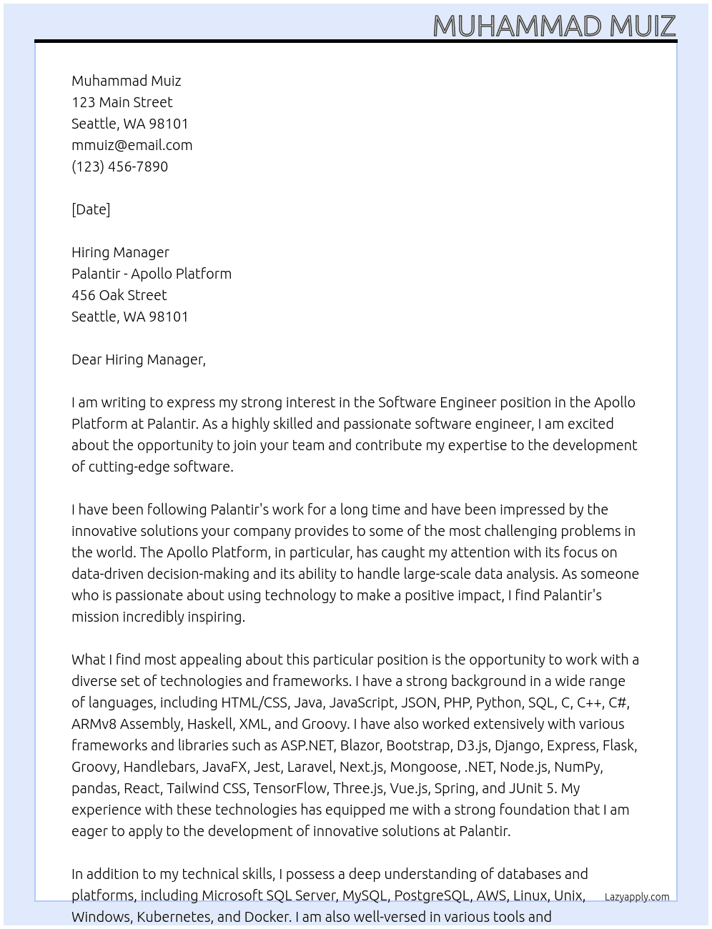 Software Engineer - Apollo Platform At Palantir - Apollo Platform Cover Letter