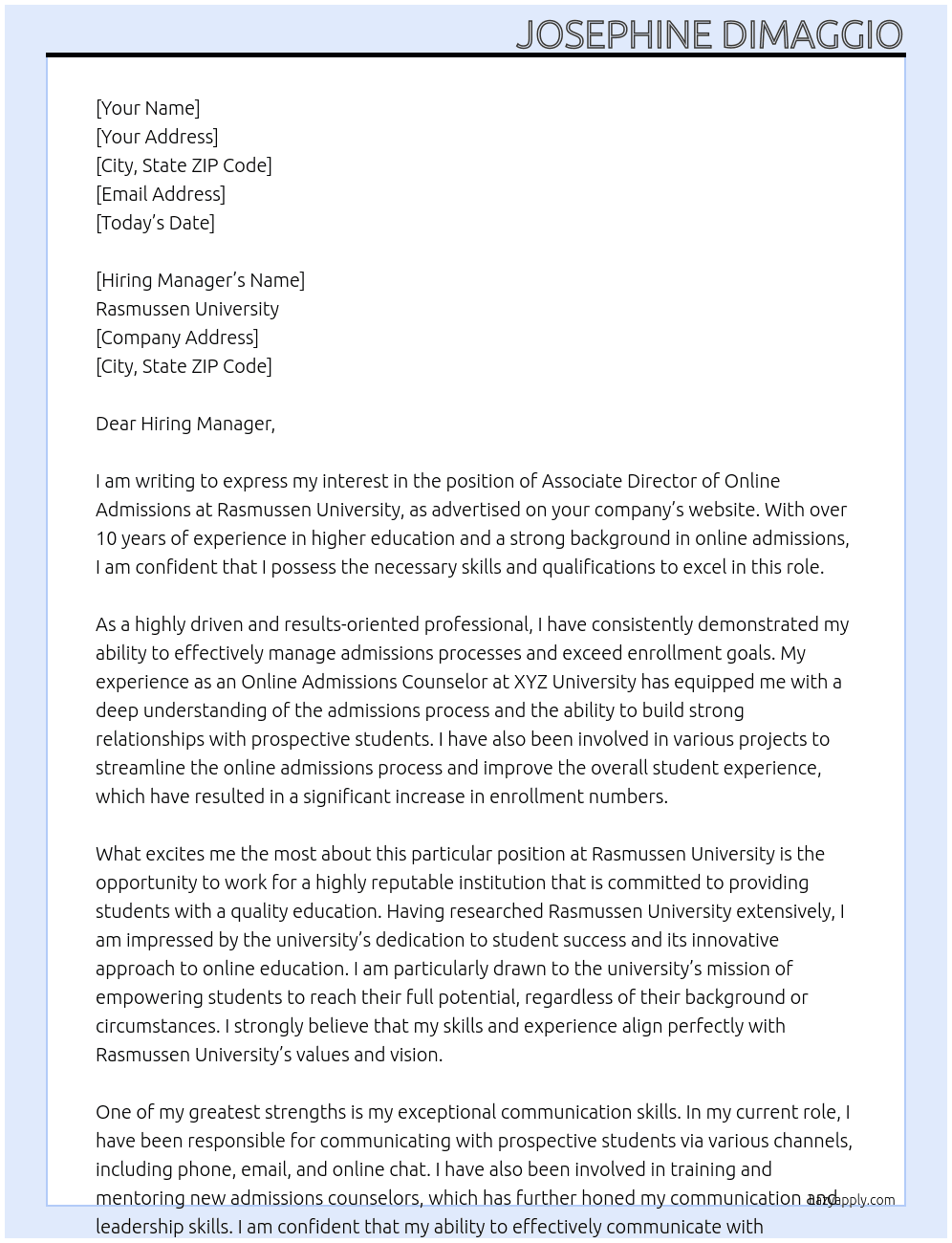 associate director of online admissions At Rasmussen University Cover Letter