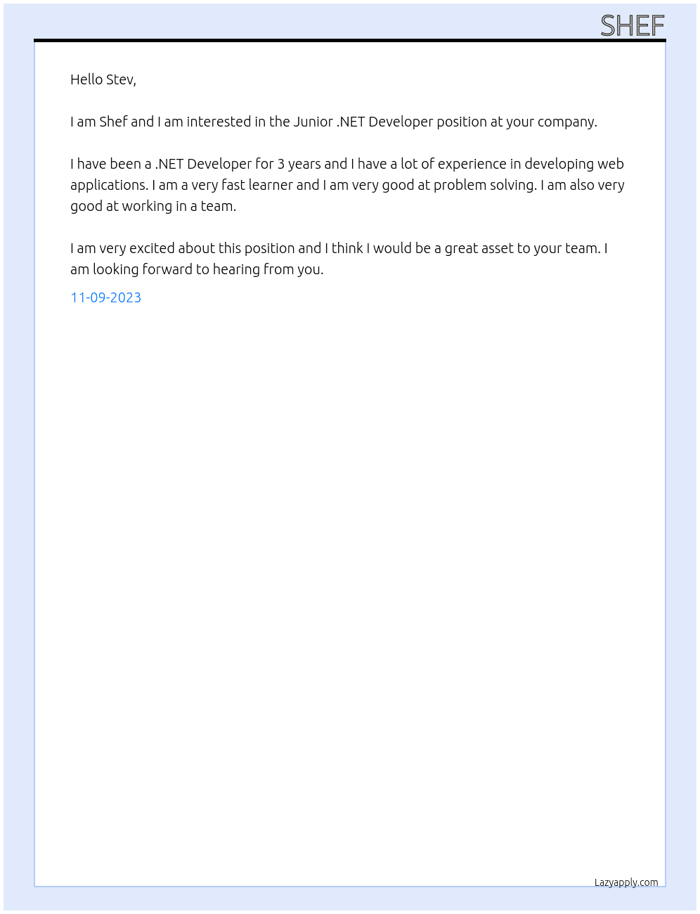 Junior .NET Developer At Stev Cover Letter