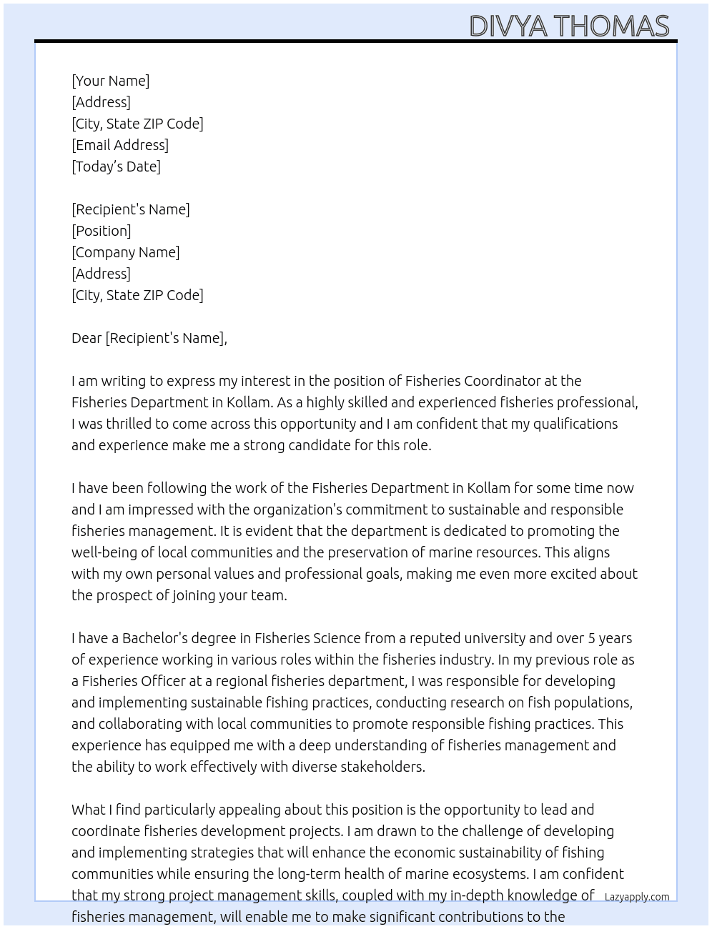 Fisheries Coordinator  At Fisheries Department  Cover Letter