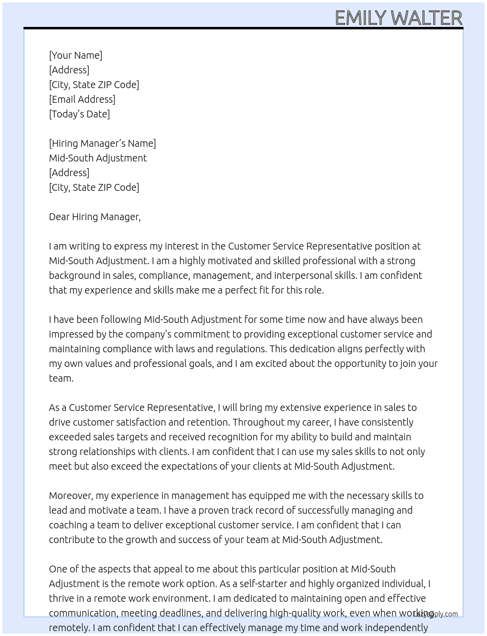 Customer Service Representative  At Mid-South Adjustment Cover Letter