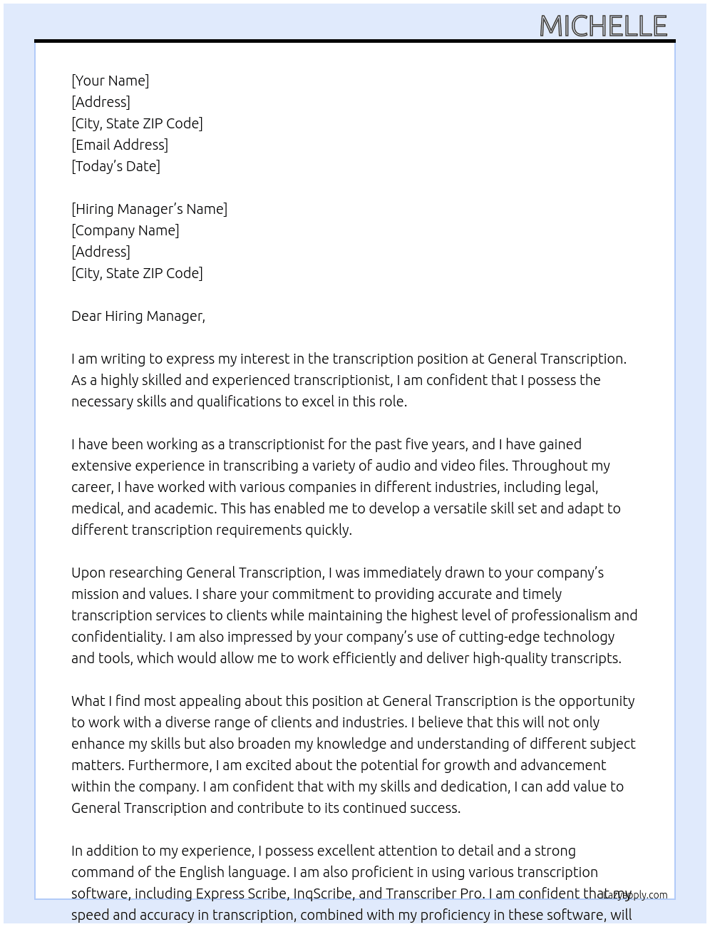 transcription  At General transription  Cover Letter