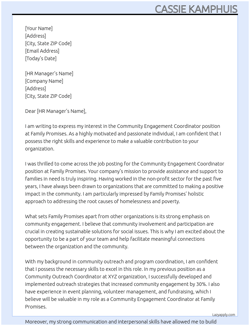 Community Engagement Coordinator At Family Promises Cover Letter
