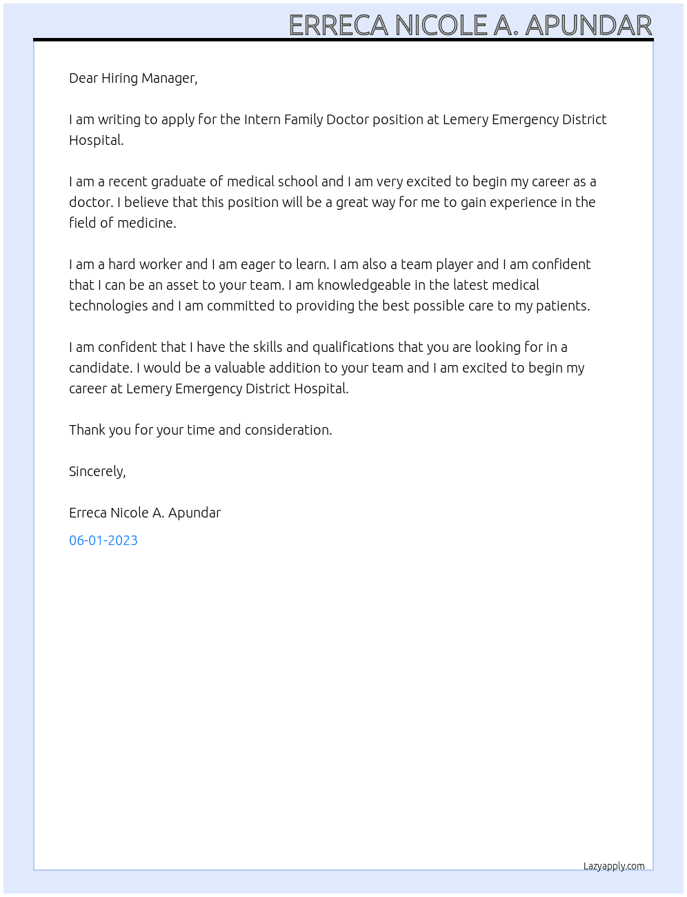 Intern Family Doctor  At Lemery Emergency District Hospital  Cover Letter